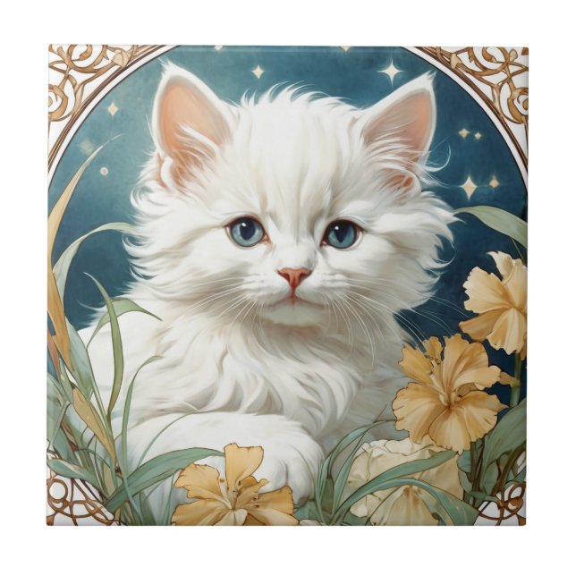 Alphonse Mucha Art nouveau Kitten Kakelplatta (Framsidan)