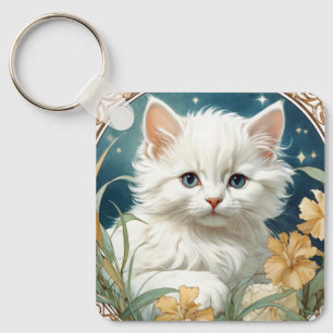 Alphonse Mucha Art nouveau Kitten Nyckelring