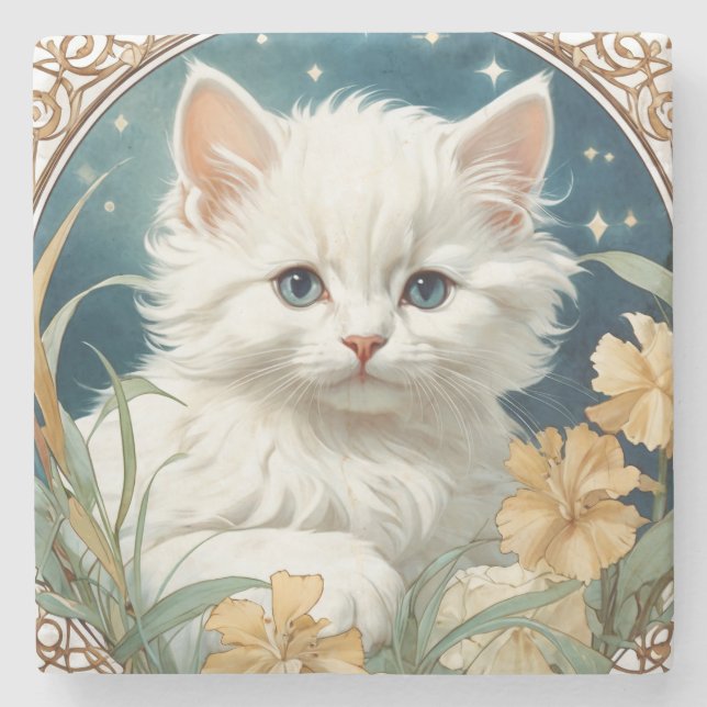 Alphonse Mucha Art nouveau Kitten Stenunderlägg (Framsidan)