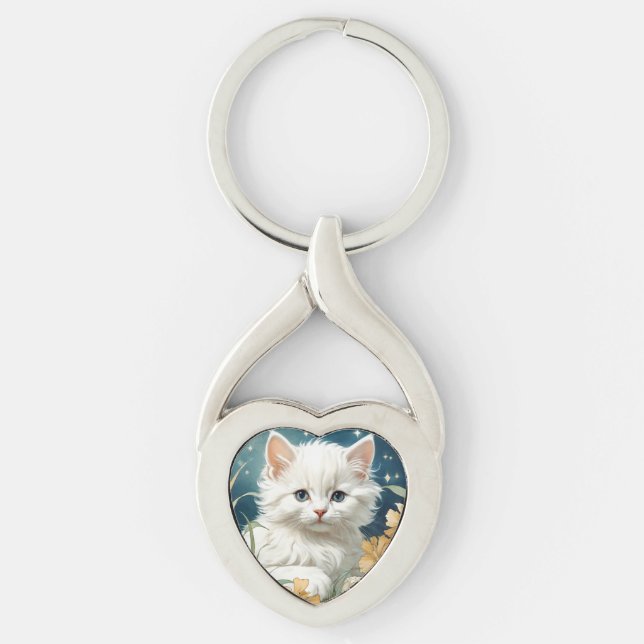 Alphonse Mucha Art nouveau Kitten Twisted Heart Silverfärgad Nyckelring (Framsidan)