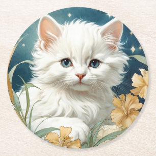 Alphonse Mucha Art nouveau Kitten Underlägg Papper Rund
