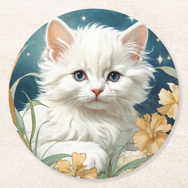 Alphonse Mucha Art nouveau Kitten Underlägg Papper Rund (Framsidan)