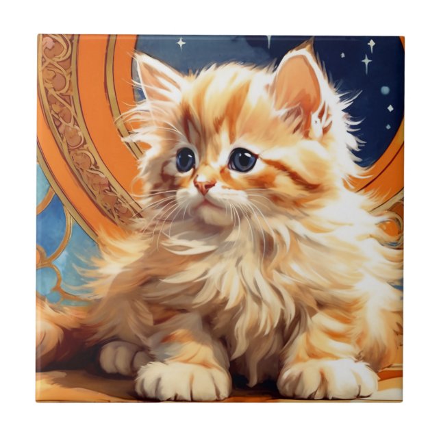 Alphonse Mucha Art nouveau Orange Cat Kakelplatta (Framsidan)