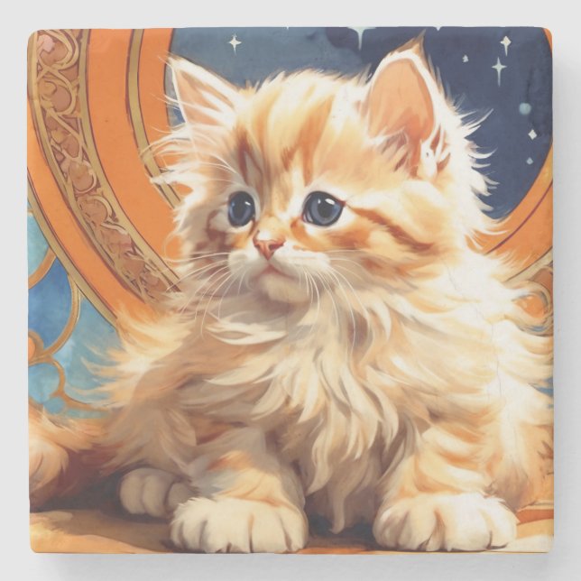 Alphonse Mucha Art Nouveau Orange Katt Stenunderlägg (Framsidan)