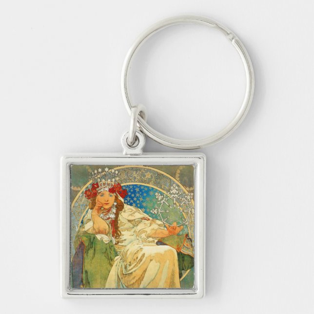 Alphonse Mucha Art nouveau Princess Hyacinth Fyrkantig Silverfärgad Nyckelring (Framsidan)
