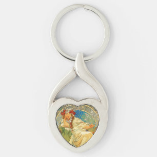 Alphonse Mucha Art nouveau Princess Hyacinth Twisted Heart Silverfärgad Nyckelring