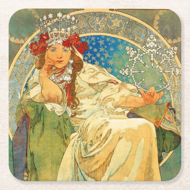 Alphonse Mucha Art nouveau Princess Hyacinth Underlägg Papper Kvadrat (Framsidan)