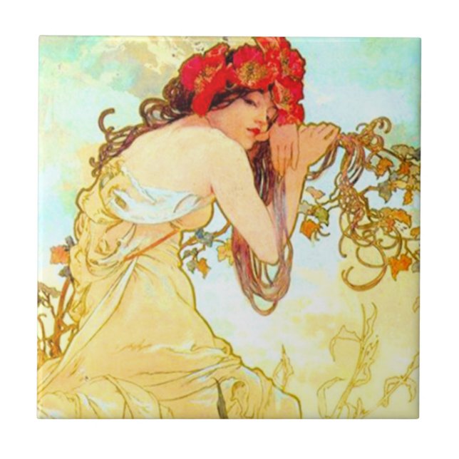 Alphonse Mucha Art nouveau Summer Kakelplatta (Framsidan)