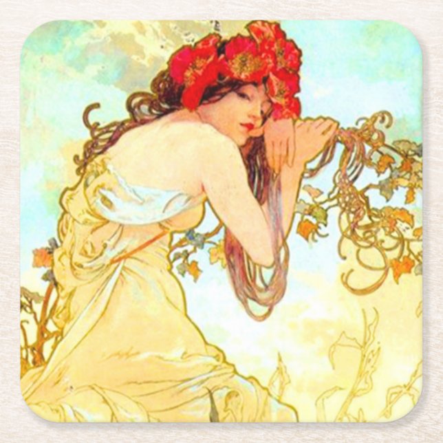 Alphonse Mucha Art nouveau Summer Underlägg Papper Kvadrat (Framsidan)