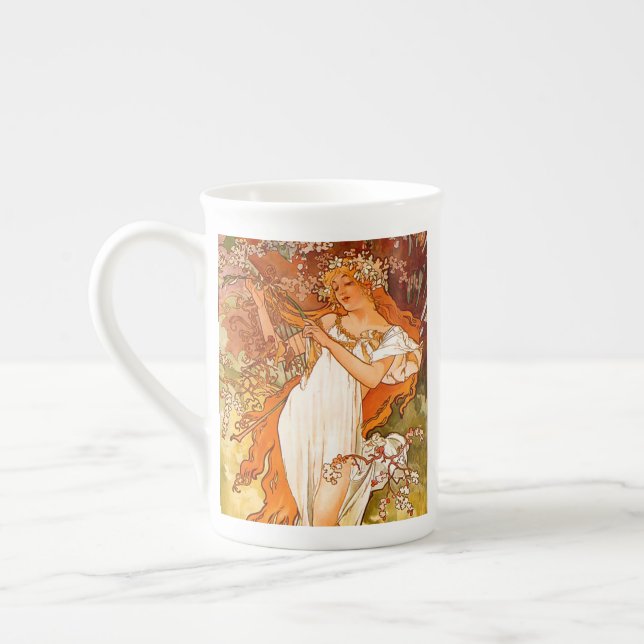 Alphonse Mucha Art nouveau Vår Benporslin Mugg (Vänster)