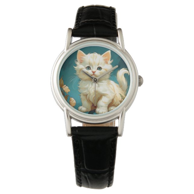Alphonse Mucha Art nouveau White Cat Armbandsur (Framsida)