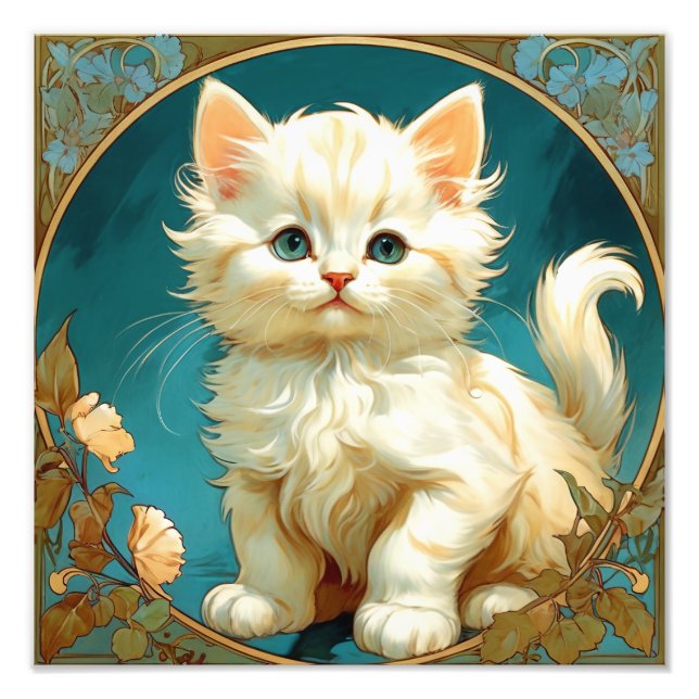 Alphonse Mucha Art nouveau White Cat Fototryck (Framsidan)