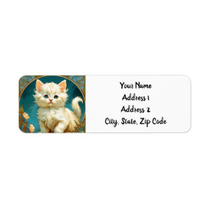 Alphonse Mucha Art nouveau White Cat Returadress Etikett
