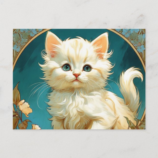 Alphonse Mucha Art nouveau White Cat Vykort (Framsida)