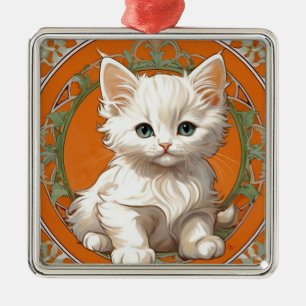 Alphonse Mucha Art nouveau White Kitten Julgransprydnad Metall