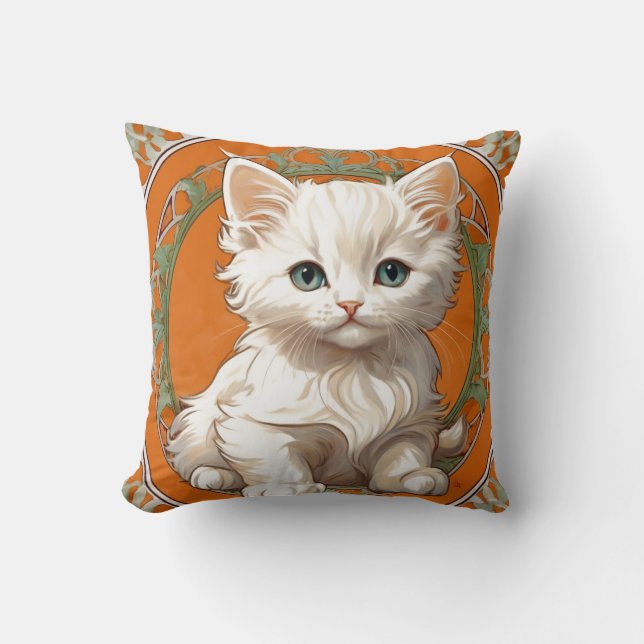 Alphonse Mucha Art nouveau White Kitten Kudde (Framsida)