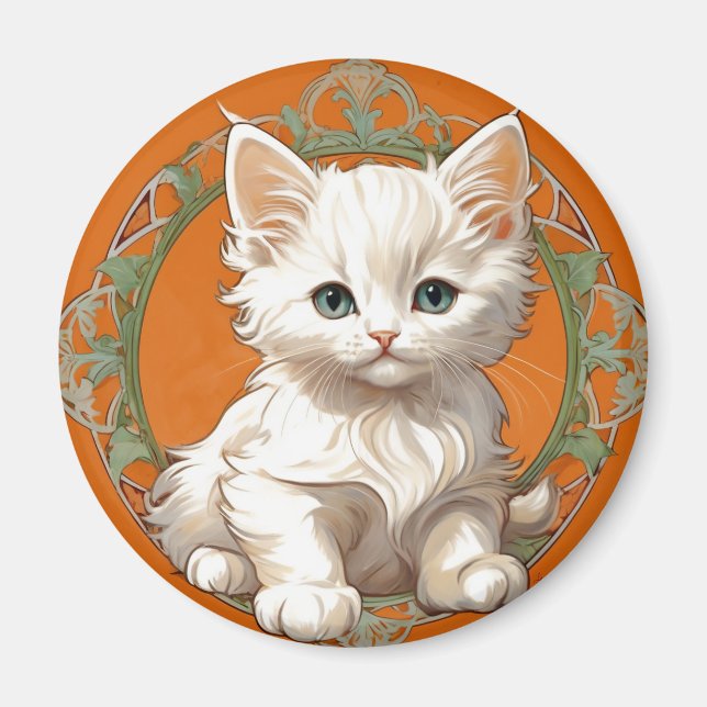 Alphonse Mucha Art nouveau White Kitten Magnet (Framsidan)