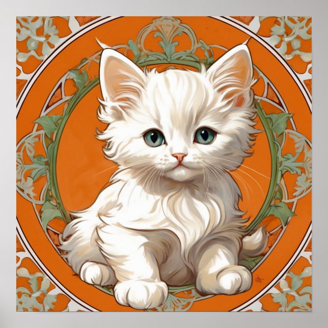 Alphonse Mucha Art nouveau White Kitten Poster (Framsidan)