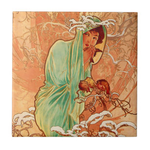 Alphonse Mucha Art nouveau Winter Kakelplatta