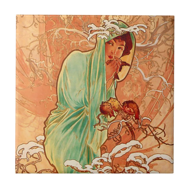 Alphonse Mucha Art nouveau Winter Kakelplatta (Framsidan)