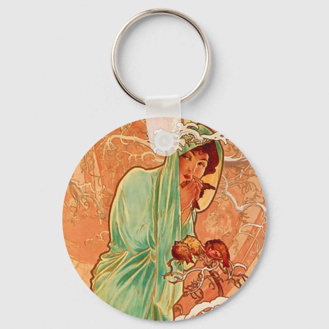 Alphonse Mucha Art nouveau Winter Nyckelring (Framsida)