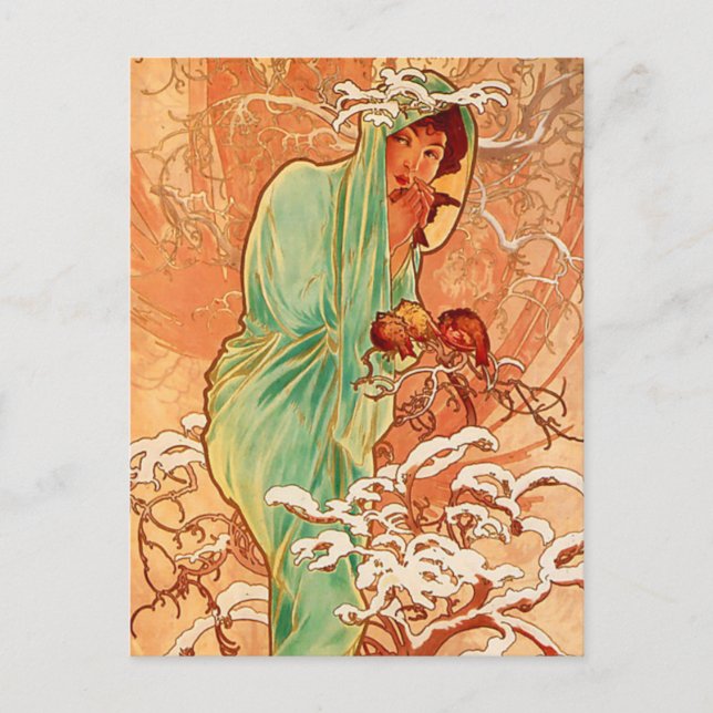 Alphonse Mucha Art nouveau Winter Vykort (Framsida)