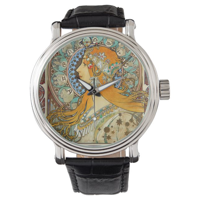 Alphonse Mucha Art nouveau Zodiac Armbandsur (Framsida)