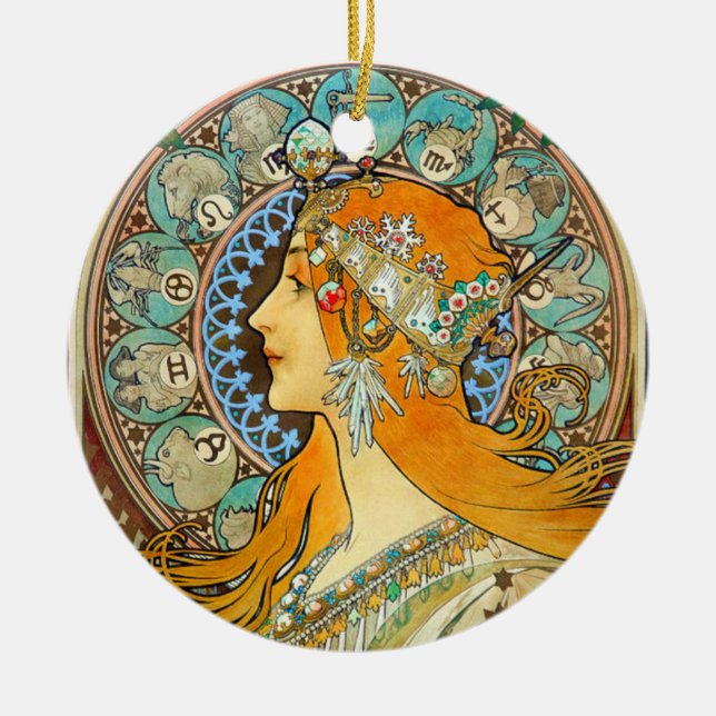 Alphonse Mucha Art nouveau Zodiac Julgransprydnad Keramik (Framsidan)