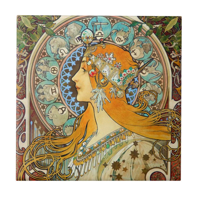 Alphonse Mucha Art nouveau Zodiac Kakelplatta (Framsidan)