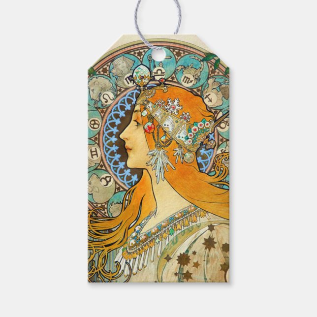 Alphonse Mucha Art nouveau Zodiac Presentetikett (Framsidan)