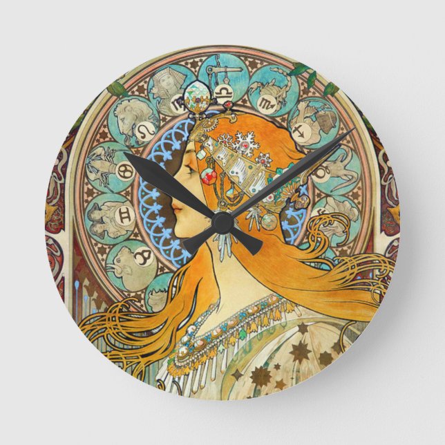 Alphonse Mucha Art nouveau Zodiac Rund Klocka (Framsida)