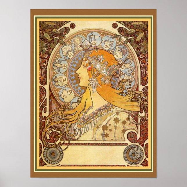 Alphonse Mucha Art nouveau Zodiac Skriv ut 12 x 16 Poster (Framsidan)