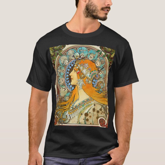 Alphonse Mucha Art nouveau Zodiac T Shirt (Framsida)