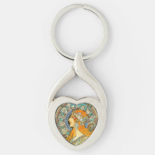 Alphonse Mucha Art nouveau Zodiac Twisted Heart Silverfärgad Nyckelring