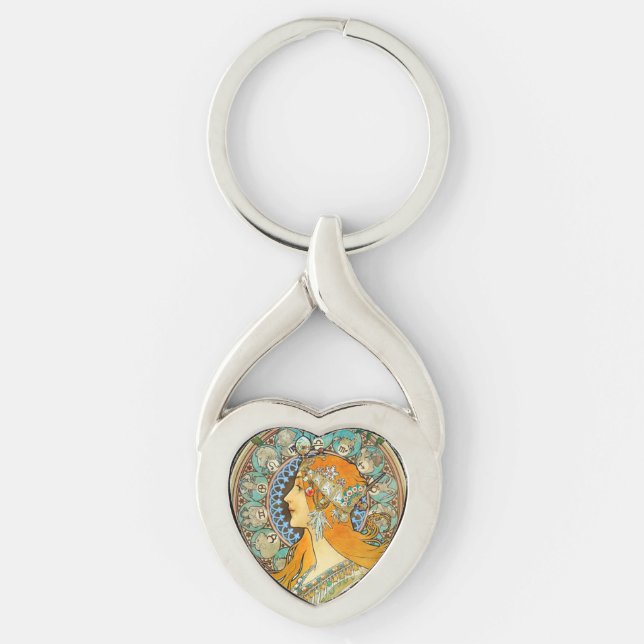 Alphonse Mucha Art nouveau Zodiac Twisted Heart Silverfärgad Nyckelring (Framsidan)