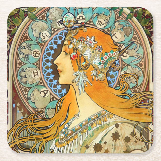Alphonse Mucha Art nouveau Zodiac Underlägg Papper Kvadrat (Framsidan)