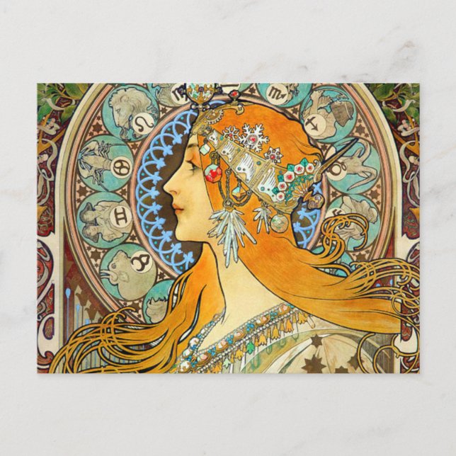 Alphonse Mucha Art nouveau Zodiac Vykort (Framsida)