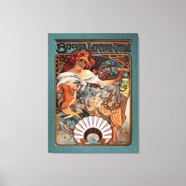 Alphonse Mucha Biscuits Lefevre-Utile Speckled Frm Canvastryck (Framsida)