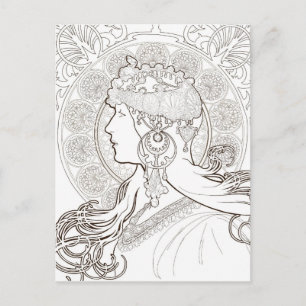 ALphonse Mucha Black and White Line teckning Vykort