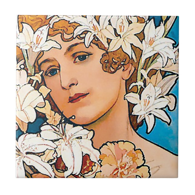 Alphonse Mucha - Blomma - Retro Art Nouveau Kakelplatta (Framsidan)