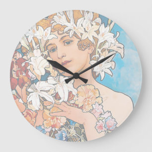 Alphonse Mucha - Blomma - Retro Art Nouveau Stor Klocka