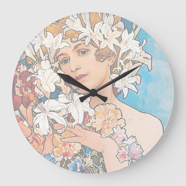 Alphonse Mucha - Blomma - Retro Art Nouveau Stor Klocka (Framsida)