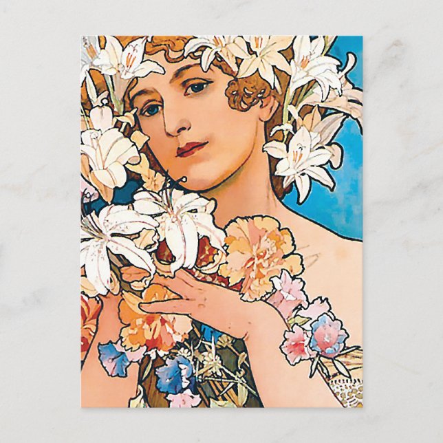 Alphonse Mucha - Blomma - Retro Art Nouveau Vykort (Framsida)