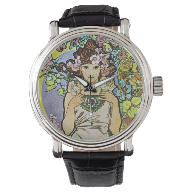 Alphonse Mucha Blommigt Girl Art nouveau Armbandsur (Framsida)