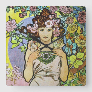 Alphonse Mucha Blommigt Girl Art nouveau Fyrkantig Klocka