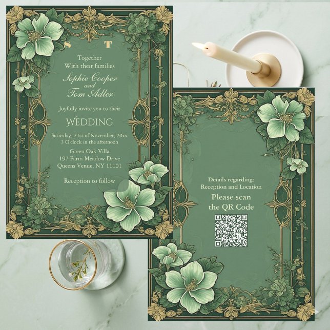 Alphonse Mucha Blommor Yppighet Salvia Grön Bröllo Inbjudningar (Alphonse Mucha Florals Opulence Sage Green Wedding Invitation)