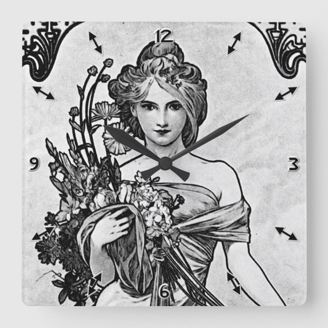 Alphonse Mucha Broken Blommar Fyrkantig Klocka (Framsida)
