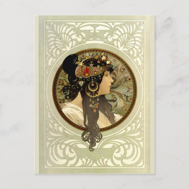 Alphonse Mucha - Bysantinska huvuden Brunett Vykort (Framsida)