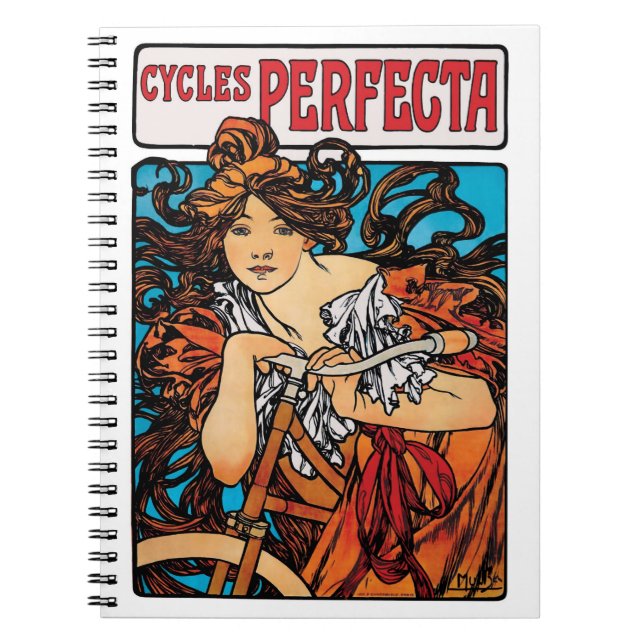 Alphonse Mucha - Cycles Perfecta Retro Art nouveau Anteckningsbok Med Spiral (Framsidan)
