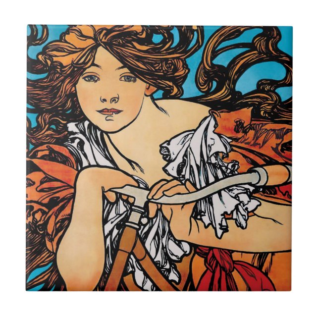 Alphonse Mucha - Cycles Perfecta Retro Art nouveau Kakelplatta (Framsidan)